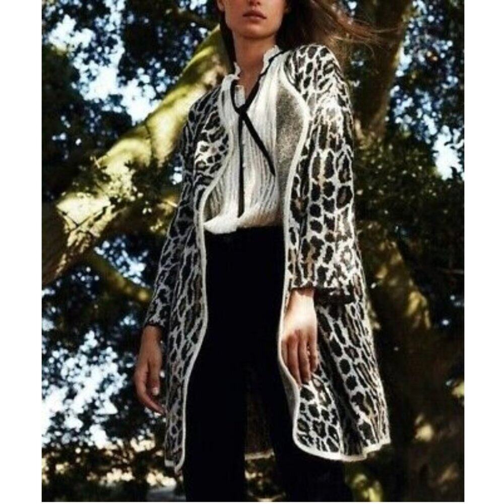 Joie Berit Animal Print Open Front Wool Blend Sweater Coat